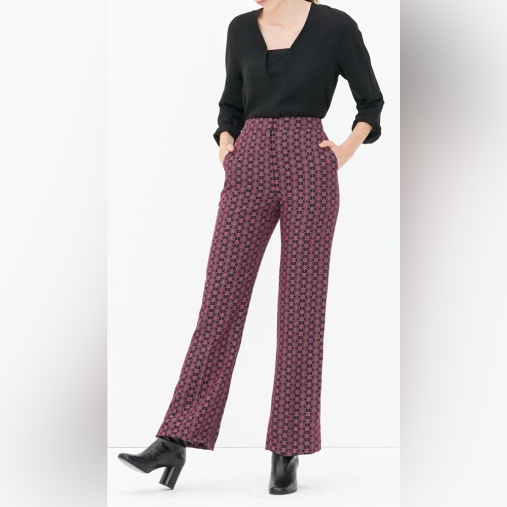 Sandro Paris Red Navy Geometric Print High Rise Flare Trousers Size 36